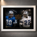 White framed Sanders vs Smith NFL wall art featuring The Great Debate rivalry design for a clean collector-style display.