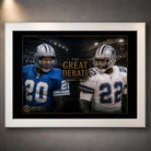 White framed Sanders vs Smith NFL wall art featuring The Great Debate rivalry design for a clean collector-style display.