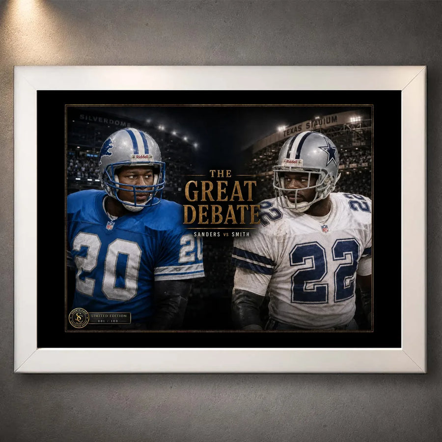 White framed Sanders vs Smith NFL wall art featuring The Great Debate rivalry design for a clean collector-style display.