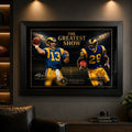 The Greatest Show NFL wall art displayed in a dark man cave setting with Kurt Warner and Marshall Faulk artwork framed in black.