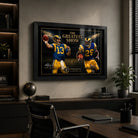 The Greatest Show NFL wall art in a modern office setting, featuring Kurt Warner and Marshall Faulk in a black frame.