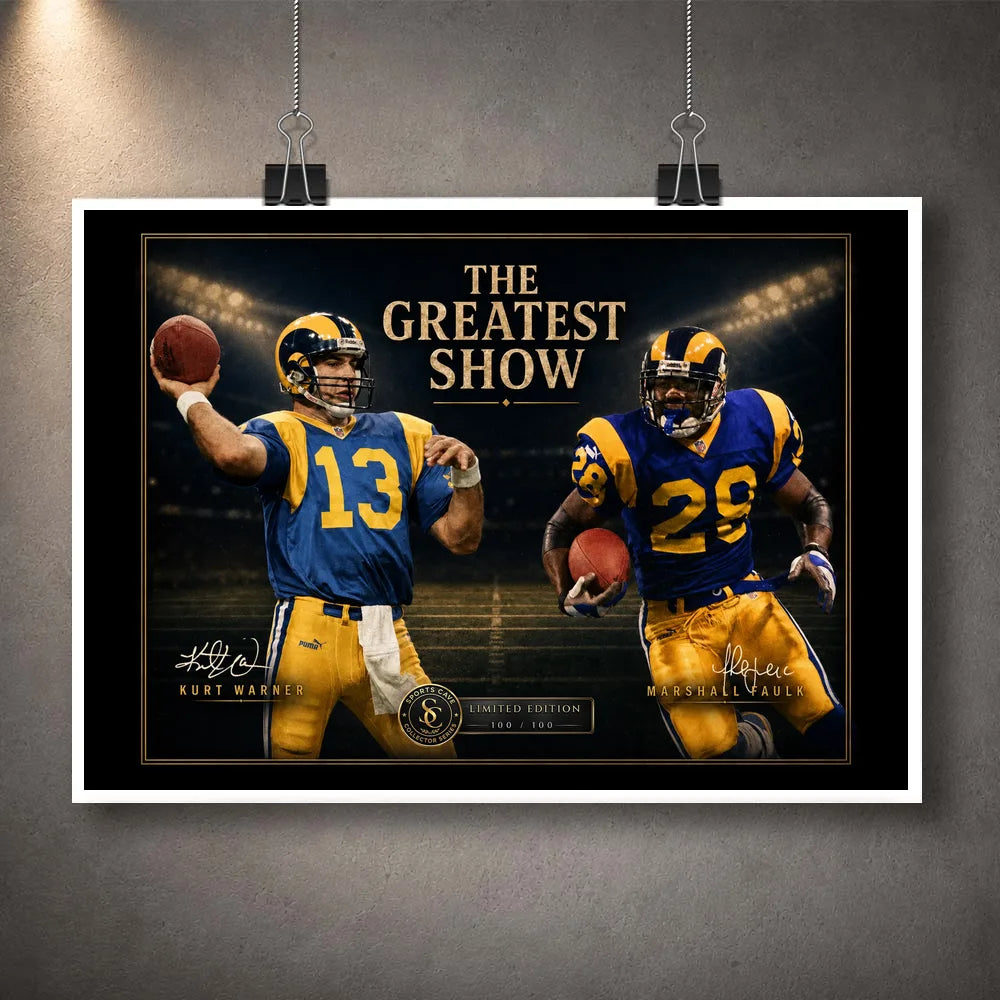 Unframed The Greatest Show NFL wall art design featuring Kurt Warner and Marshall Faulk with stadium lights and collector details.