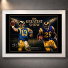 White framed The Greatest Show NFL wall art featuring Kurt Warner and Marshall Faulk against a dark stadium-style backdrop.