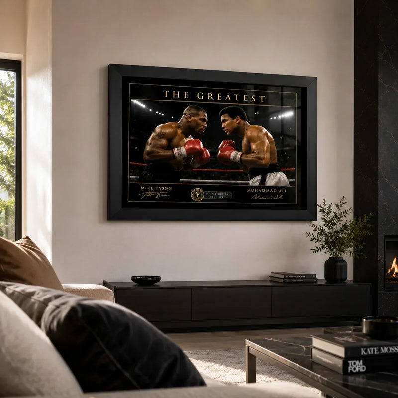 Tyson vs Ali boxing wall art displayed above a dark console in a premium contemporary living room.
