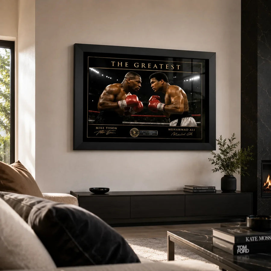 Tyson vs Ali boxing wall art displayed above a dark console in a premium contemporary living room.