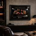 Tyson vs Ali boxing wall art mounted in a refined man cave with leather seating and illuminated shelving.