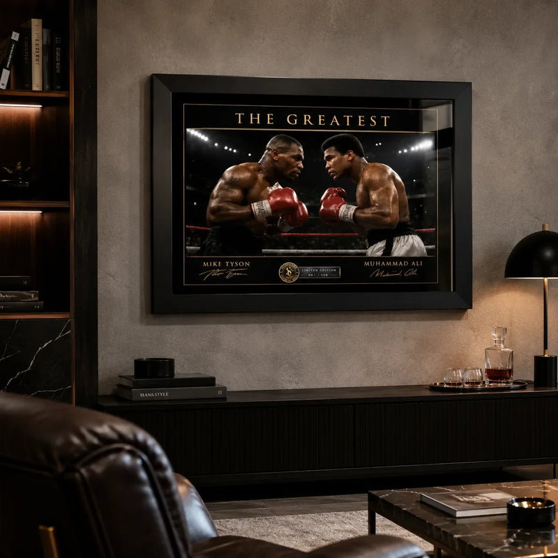 Tyson vs Ali boxing wall art mounted in a refined man cave with leather seating and illuminated shelving.