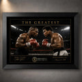 Black framed Tyson vs Ali boxing wall art showing both fighters facing off beneath arena lights.