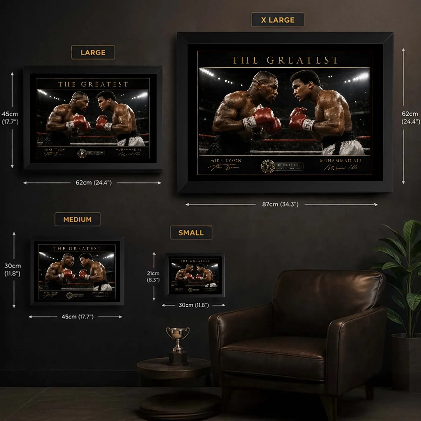 Tyson vs Ali wall art size guide showing Small, Medium, Large and X Large framed dimensions.