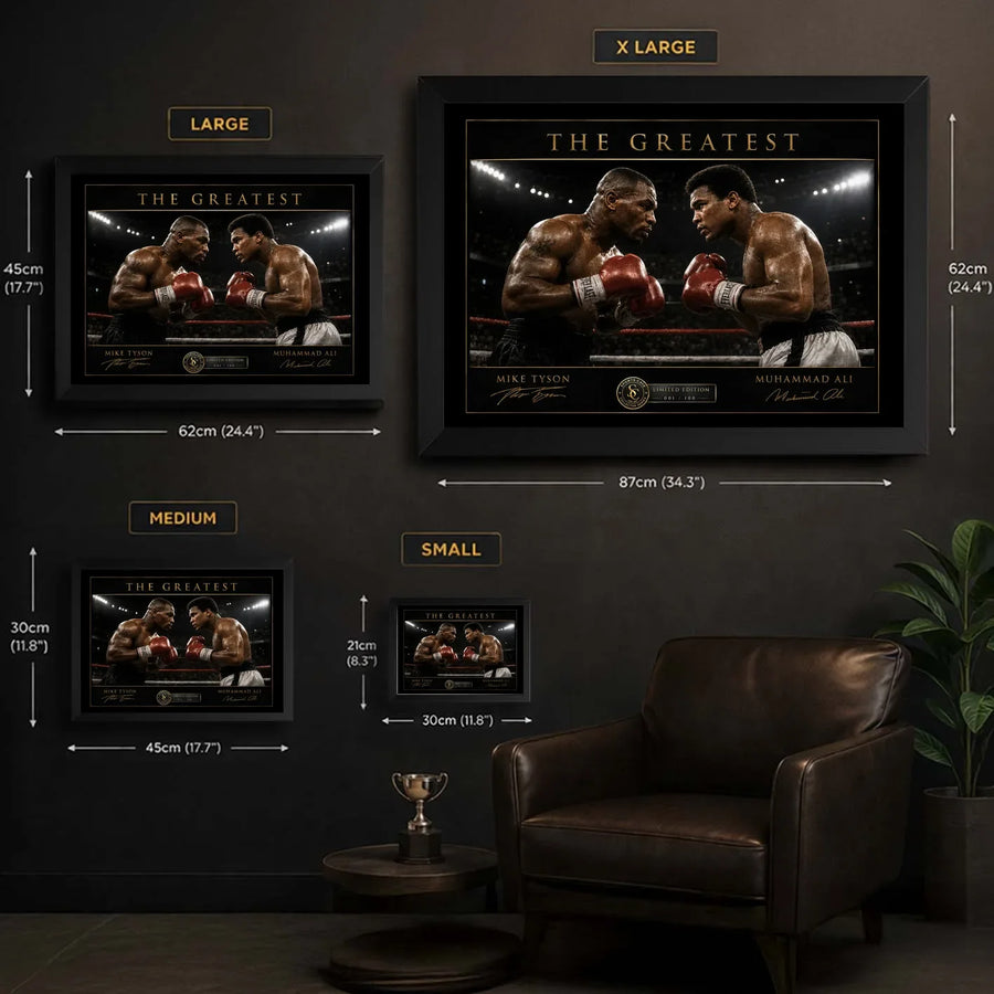 Tyson vs Ali wall art size guide showing Small, Medium, Large and X Large framed dimensions.