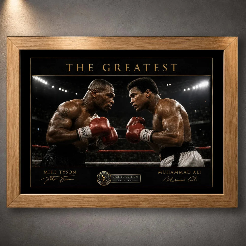 Oak framed Tyson vs Ali boxing wall art showing both fighters squared up inside the ring.