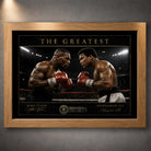 Oak framed Tyson vs Ali boxing wall art showing both fighters squared up inside the ring.
