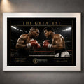 White framed Tyson vs Ali boxing wall art featuring both fighters facing off beneath arena lights.