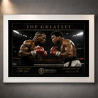 White framed Tyson vs Ali boxing wall art featuring both fighters facing off beneath arena lights.