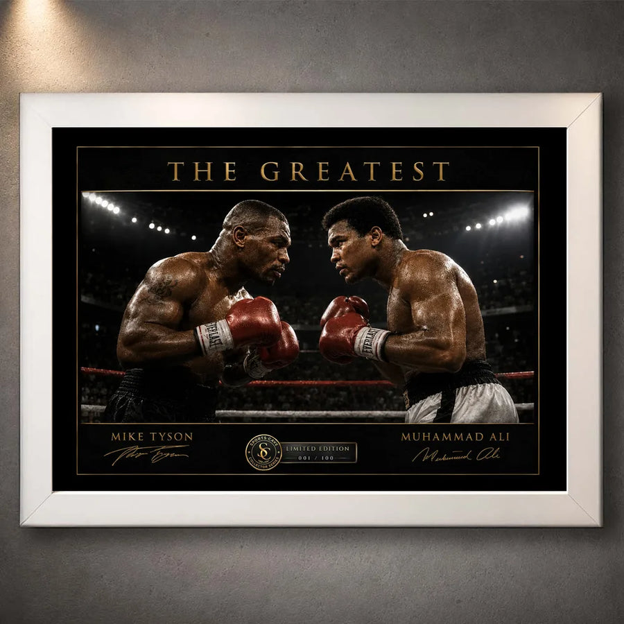 White framed Tyson vs Ali boxing wall art featuring both fighters facing off beneath arena lights.
