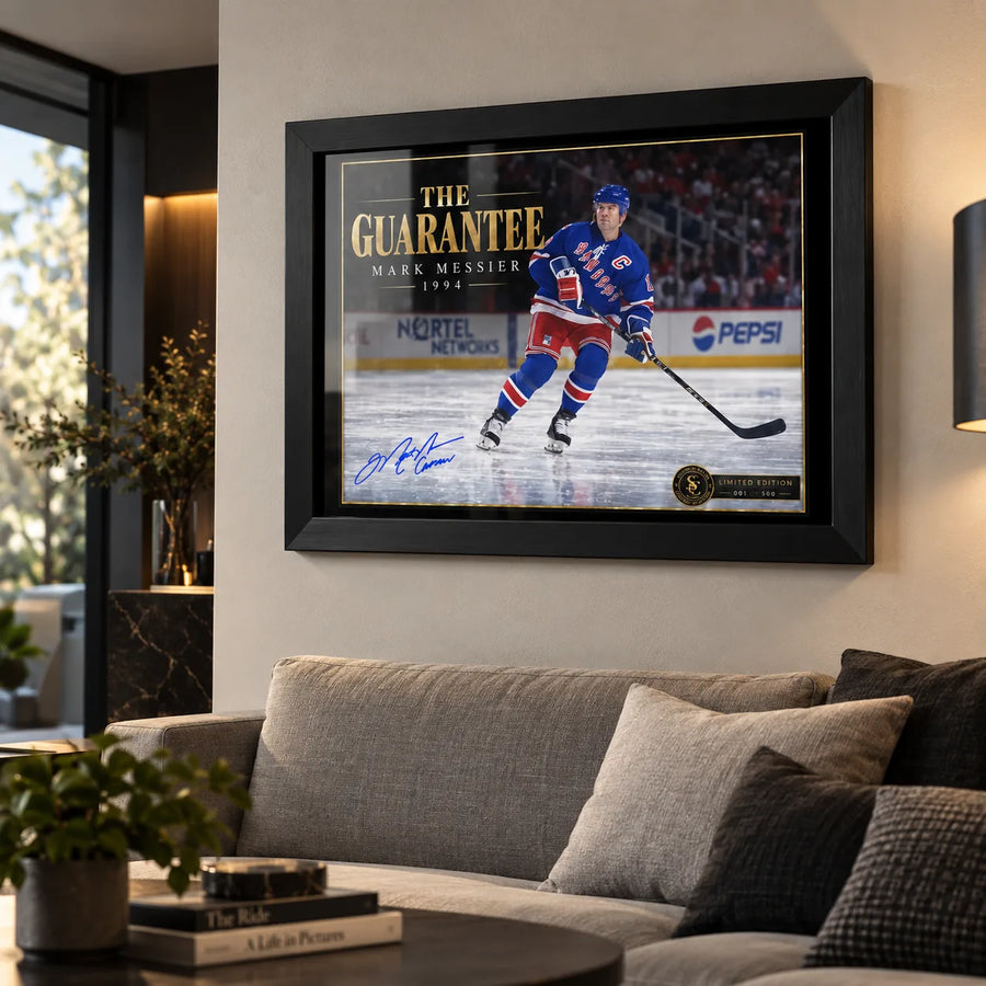 Mark Messier hockey wall art displayed in a modern living room, with The Guarantee artwork in a black frame.