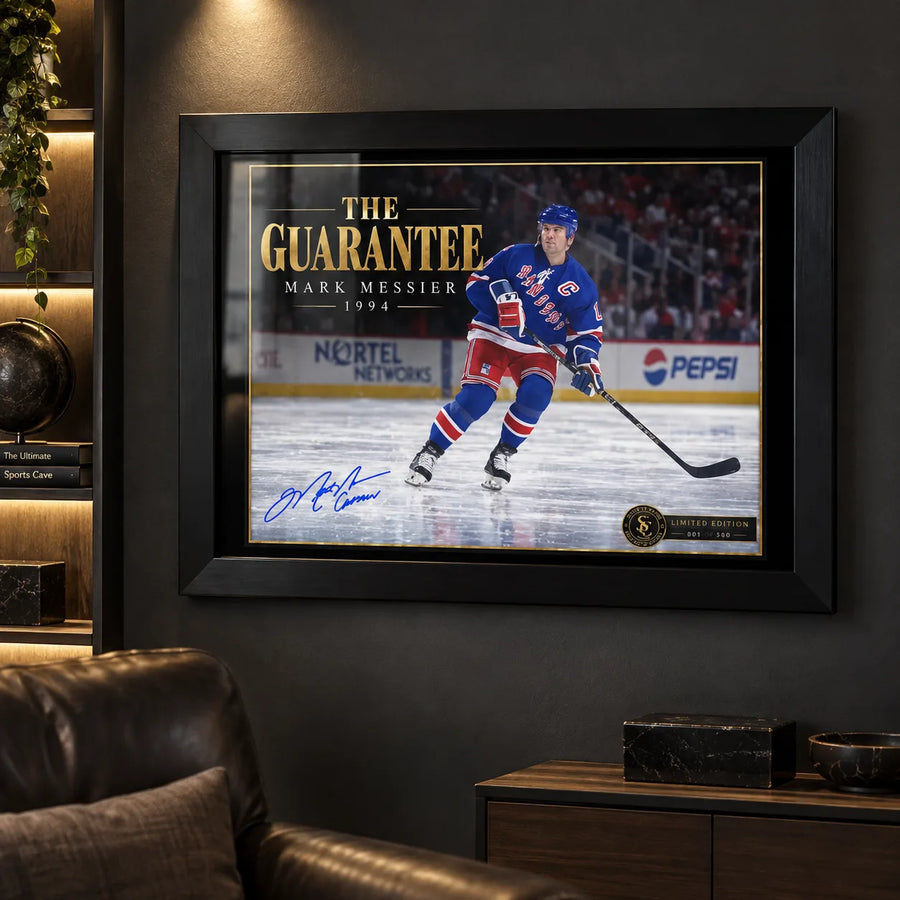 Mark Messier wall art displayed in a dark man cave setting with the black framed The Guarantee hockey artwork.
