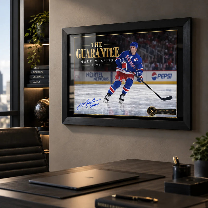The Guarantee Mark Messier wall art in a modern office setting, shown in a black frame above a desk.