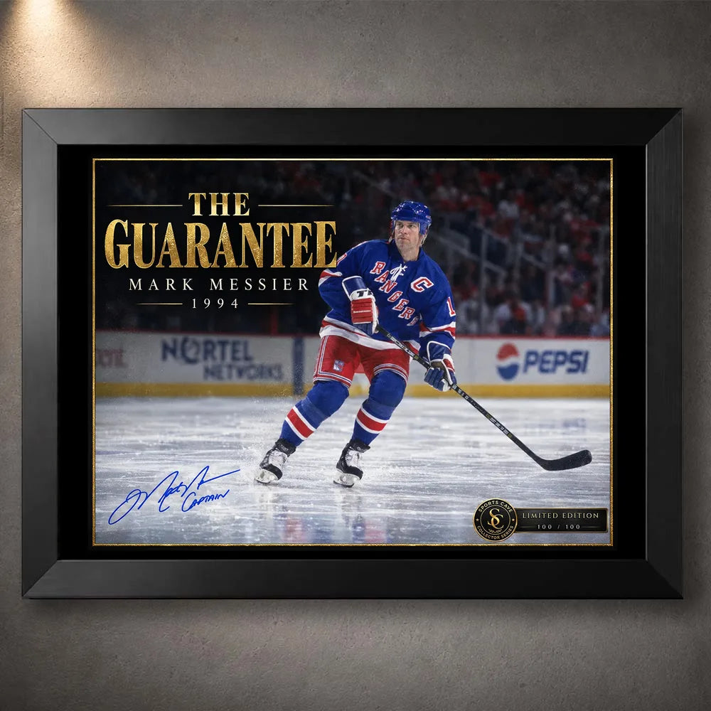 Black framed Mark Messier wall art featuring The Guarantee hockey tribute in a clean collector presentation.