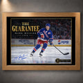 Oak framed Mark Messier wall art featuring The Guarantee hockey tribute against a neutral display wall.