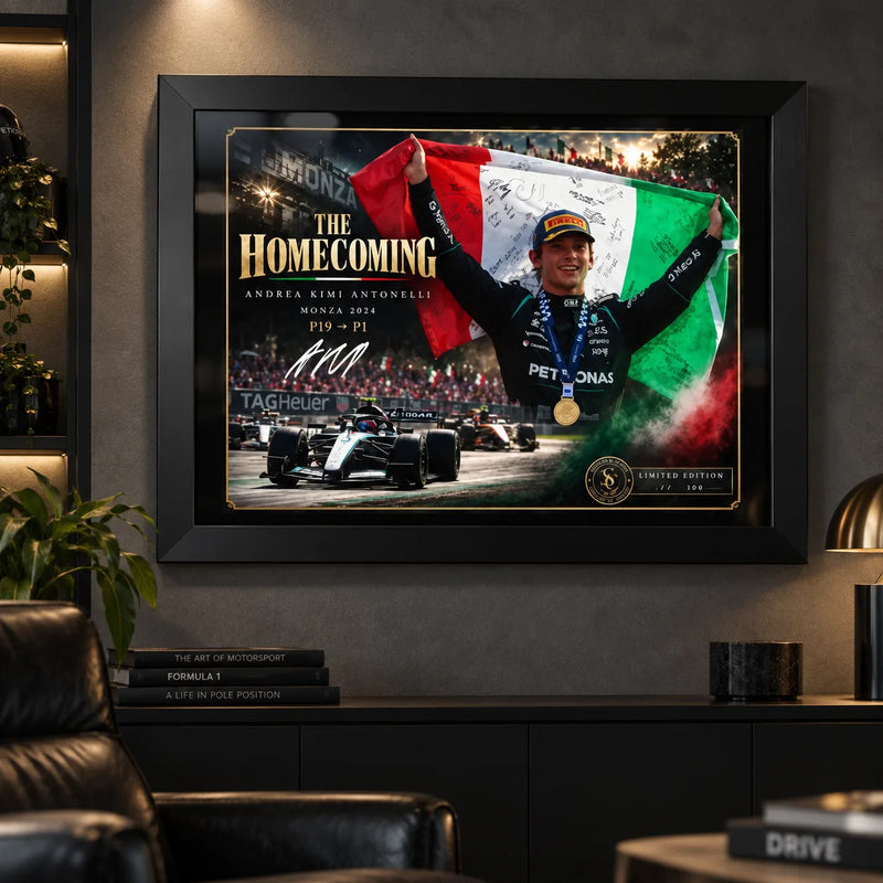 Andrea Kimi Antonelli wall art displayed in a dark motorsport man cave with a black frame and collector styling.