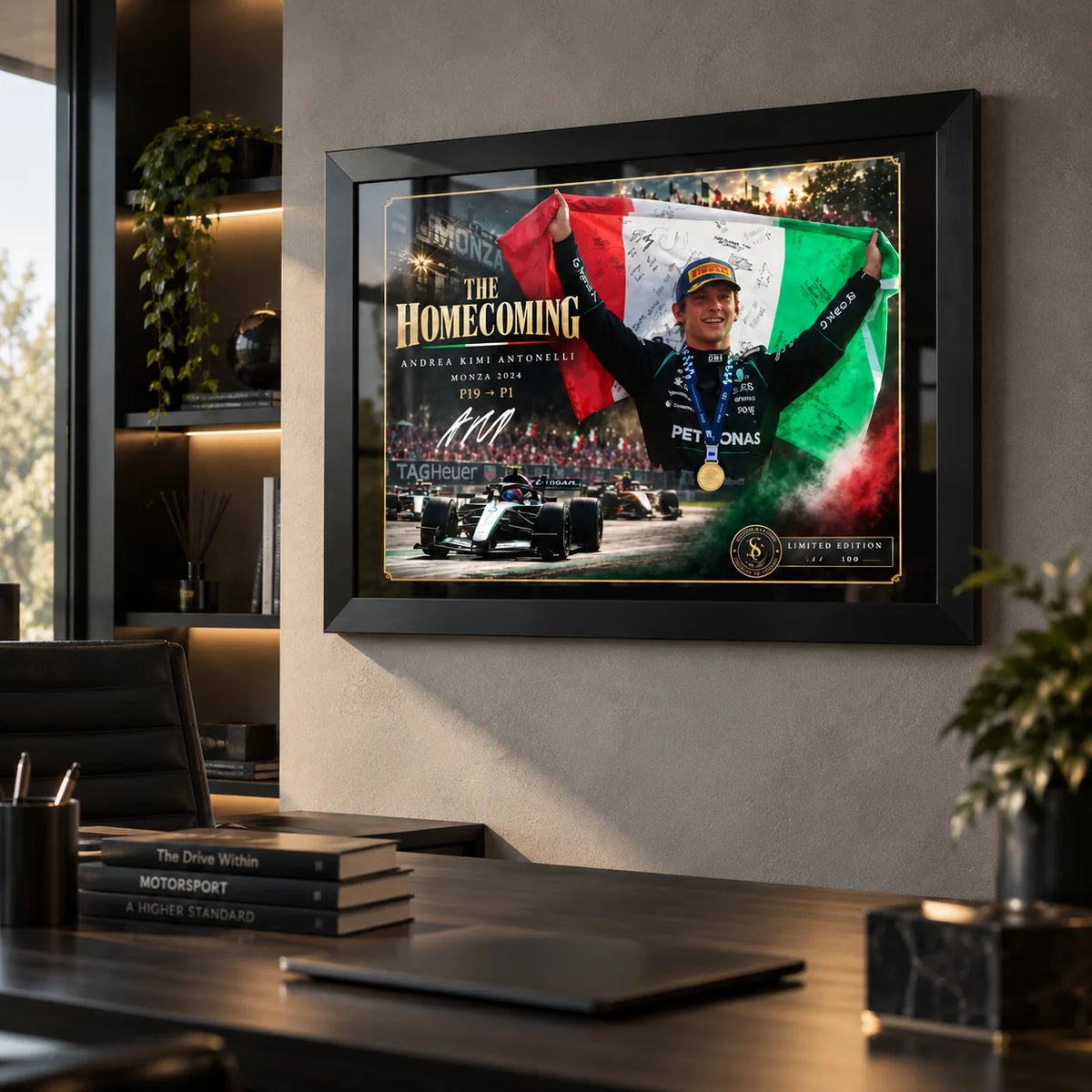 Andrea Kimi Antonelli Formula One wall art displayed in a modern office with a black frame and clean motorsport setting.