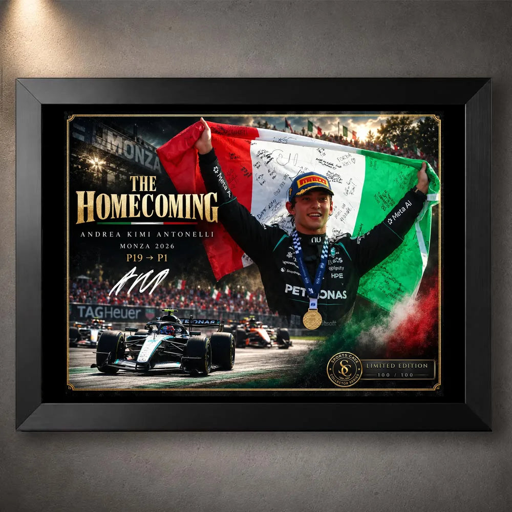 Black framed Andrea Kimi Antonelli Formula One wall art featuring The Homecoming Monza collector design.