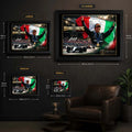 Andrea Kimi Antonelli wall art size guide showing available framed and unframed dimensions in four sizes.
