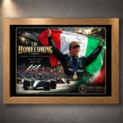 Oak framed Andrea Kimi Antonelli Formula One wall art featuring The Homecoming Monza collector design.