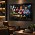 Black framed Andrew Johns rugby league wall art displayed in a dark premium man cave with timber shelving and leather seating.
