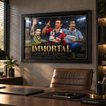 Black framed Andrew Johns rugby league wall art displayed above a desk in a modern home office with warm timber finishes.