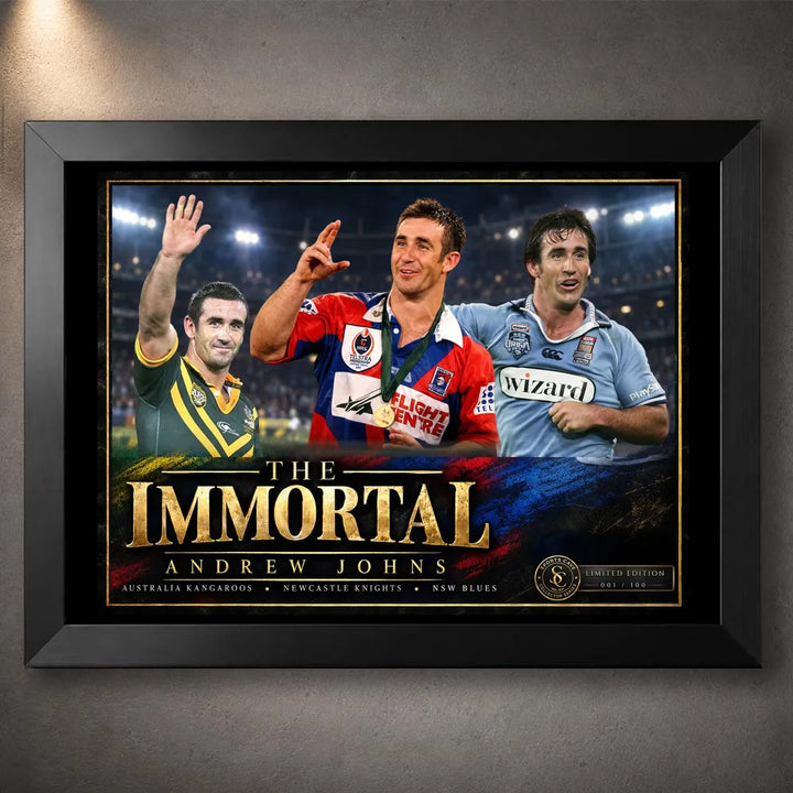 Black framed The Immortal Andrew Johns rugby league wall art featuring Australia, Newcastle Knights and NSW Blues imagery.