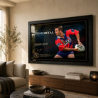Andrew Johns wall art displayed in a warm living room, with the black framed The Immortal rugby league artwork above a timber console.