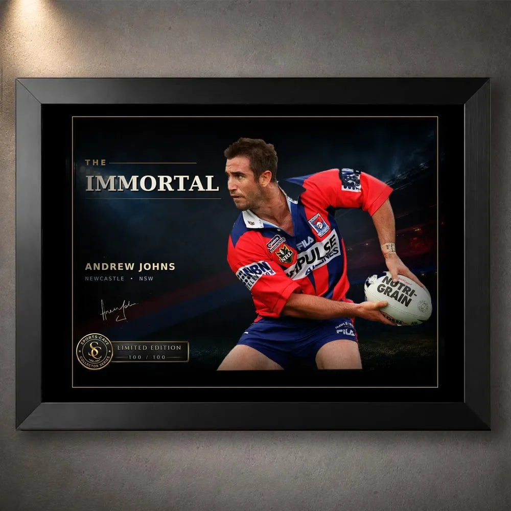 Black framed Andrew Johns wall art featuring The Immortal rugby league design for a sports room, office or collector display.
