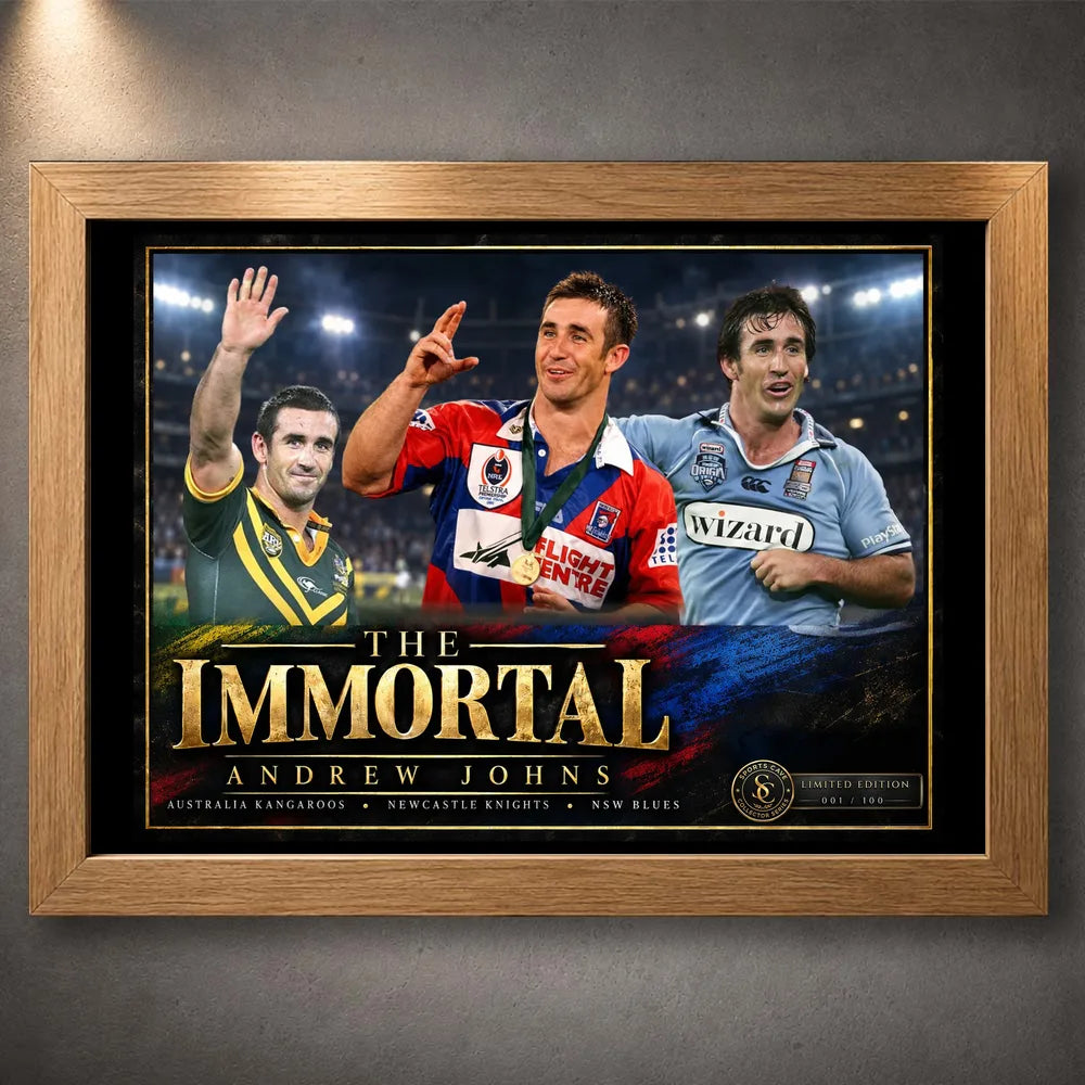 Oak framed The Immortal Andrew Johns rugby league wall art featuring Australia, Newcastle Knights and NSW Blues imagery.