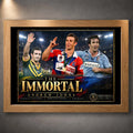Oak framed The Immortal Andrew Johns rugby league wall art featuring Australia, Newcastle Knights and NSW Blues imagery.