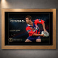 Oak framed Andrew Johns wall art featuring The Immortal rugby league design in a natural wood frame for collector display.