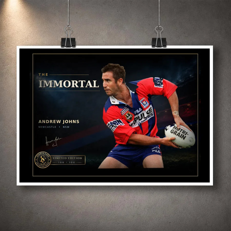 Unframed Andrew Johns wall art featuring The Immortal rugby league design, shown as the artwork print without a product frame.