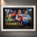 White framed The Immortal Andrew Johns rugby league wall art featuring Australia, Newcastle Knights and NSW Blues imagery.