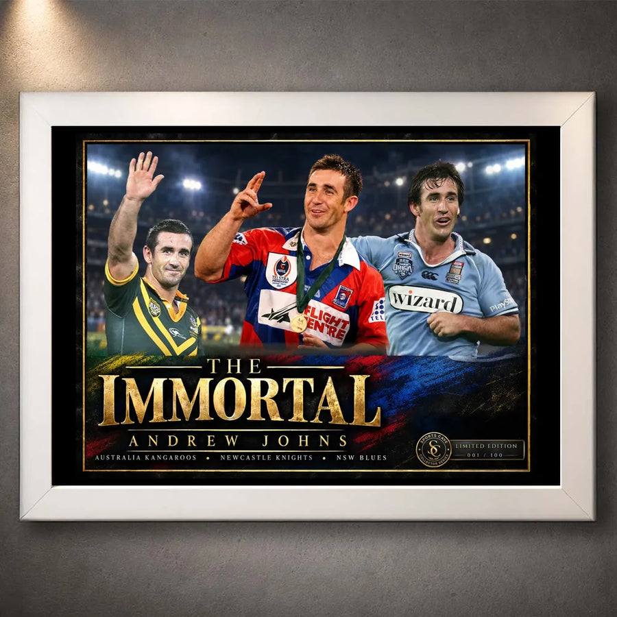 White framed The Immortal Andrew Johns rugby league wall art featuring Australia, Newcastle Knights and NSW Blues imagery.