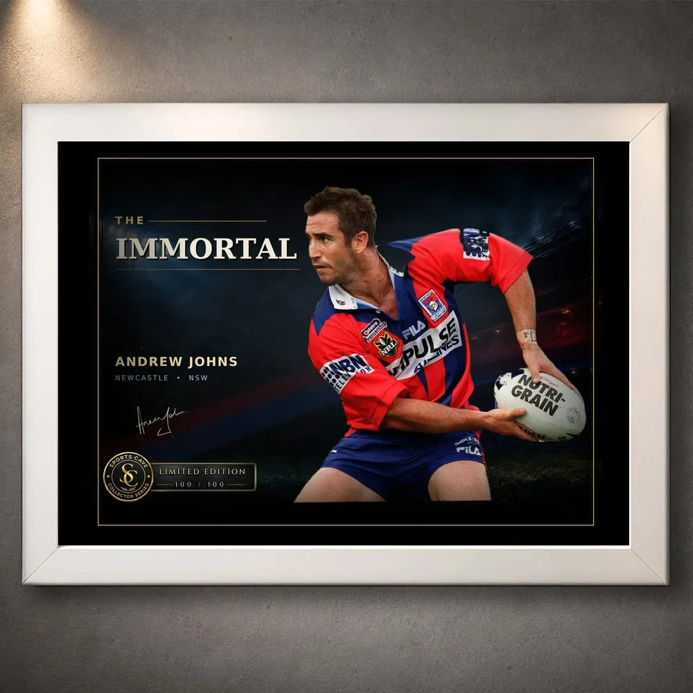 White framed Andrew Johns wall art featuring The Immortal rugby league design in a clean white frame for a modern sports room.