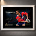 White framed Andrew Johns wall art featuring The Immortal rugby league design in a clean white frame for a modern sports room.