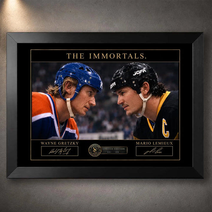 Black framed Wayne Gretzky and Mario Lemieux hockey wall art showing the two legends facing off beneath The Immortals title.