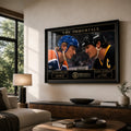 Black framed Wayne Gretzky and Mario Lemieux hockey wall art displayed above a timber console in a bright modern living room.