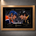 Oak framed Wayne Gretzky and Mario Lemieux hockey wall art showing The Immortals faceoff design.