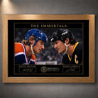 Oak framed Wayne Gretzky and Mario Lemieux hockey wall art showing The Immortals faceoff design.