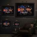 Gretzky vs Lemieux hockey wall art size guide showing Small, Medium, Large and X Large framed dimensions.