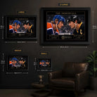 Gretzky vs Lemieux hockey wall art size guide showing Small, Medium, Large and X Large framed dimensions.