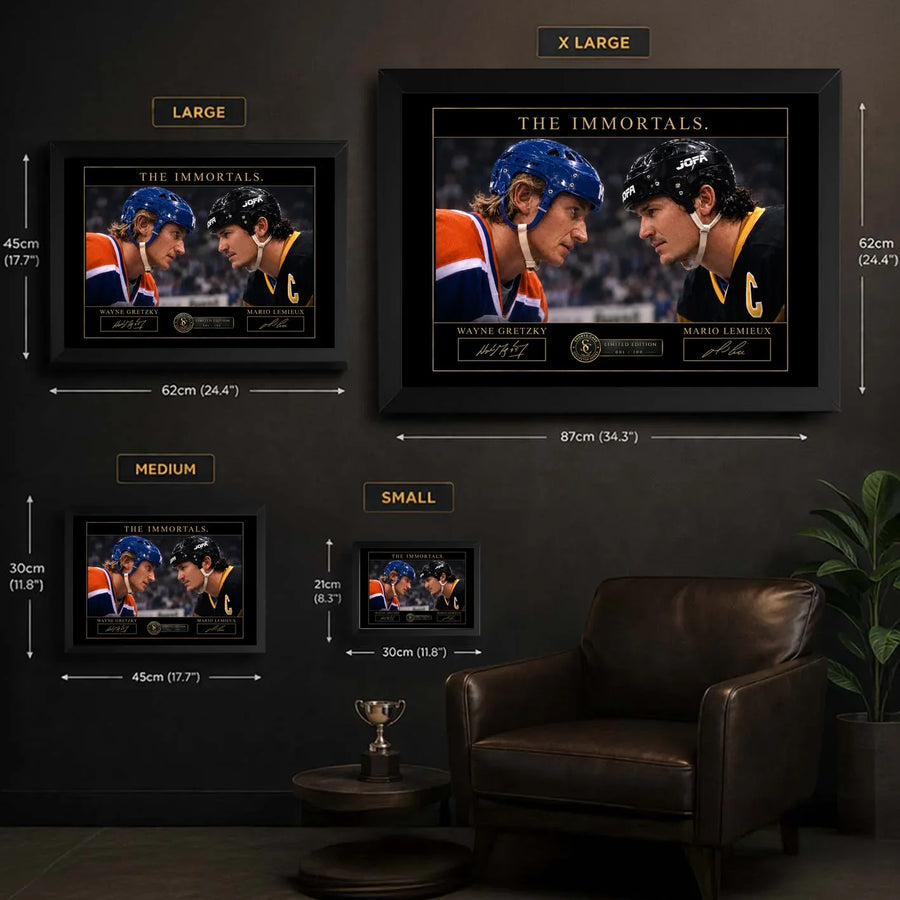 Gretzky vs Lemieux hockey wall art size guide showing Small, Medium, Large and X Large framed dimensions.