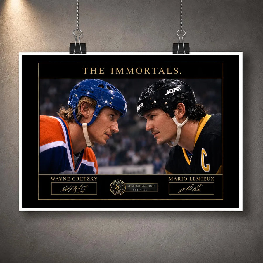 Unframed Wayne Gretzky and Mario Lemieux hockey wall art featuring The Immortals faceoff design with a white border.